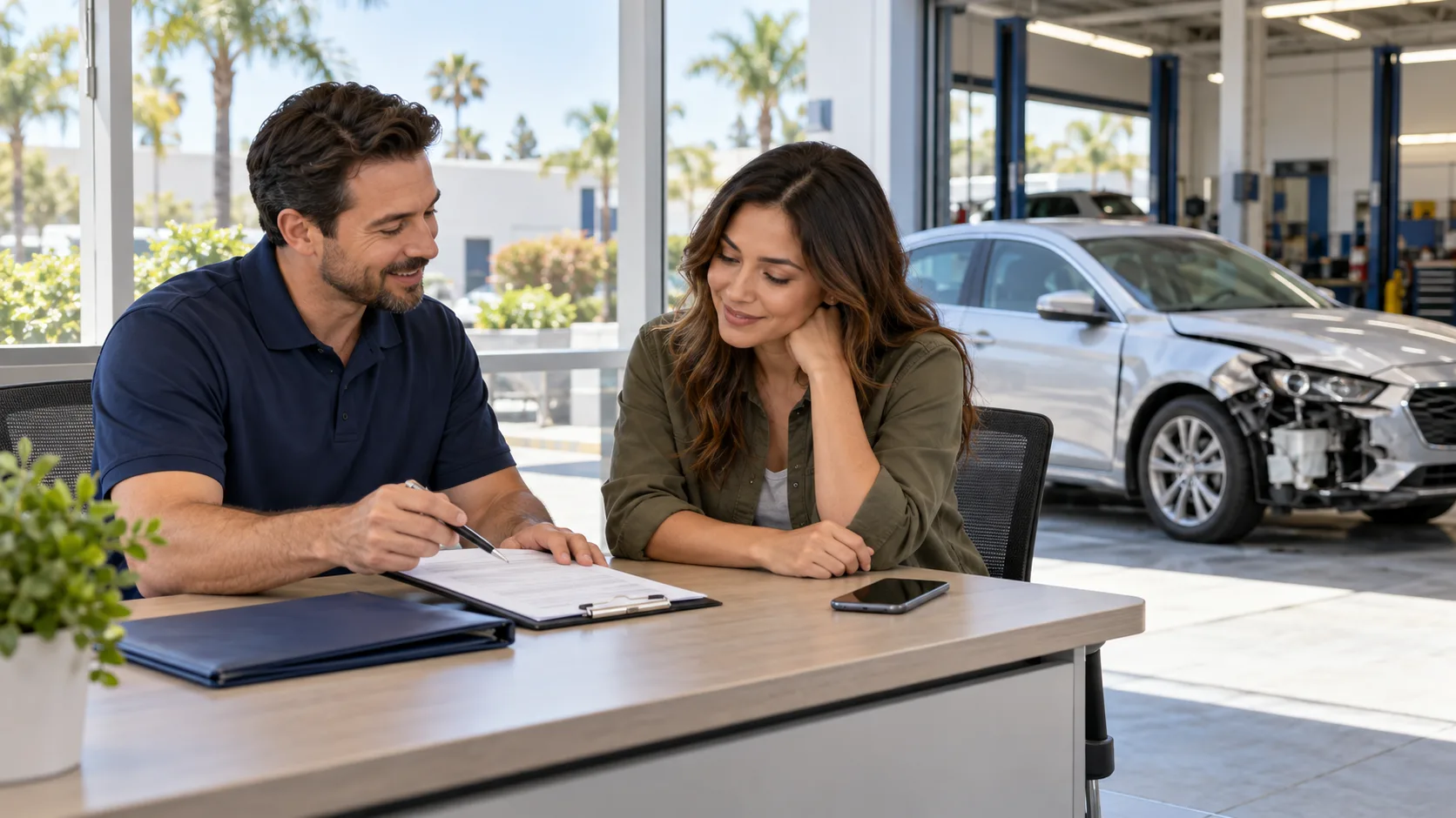 A Collision Assistant coordinator on the phone with a driver about a repair